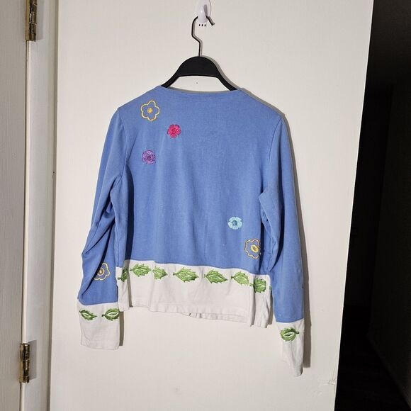 VTG Michael Simon Lite Sz Small Blue Flower Leaf Cardigan, Cotton Embroidered - Picture 2 of 7